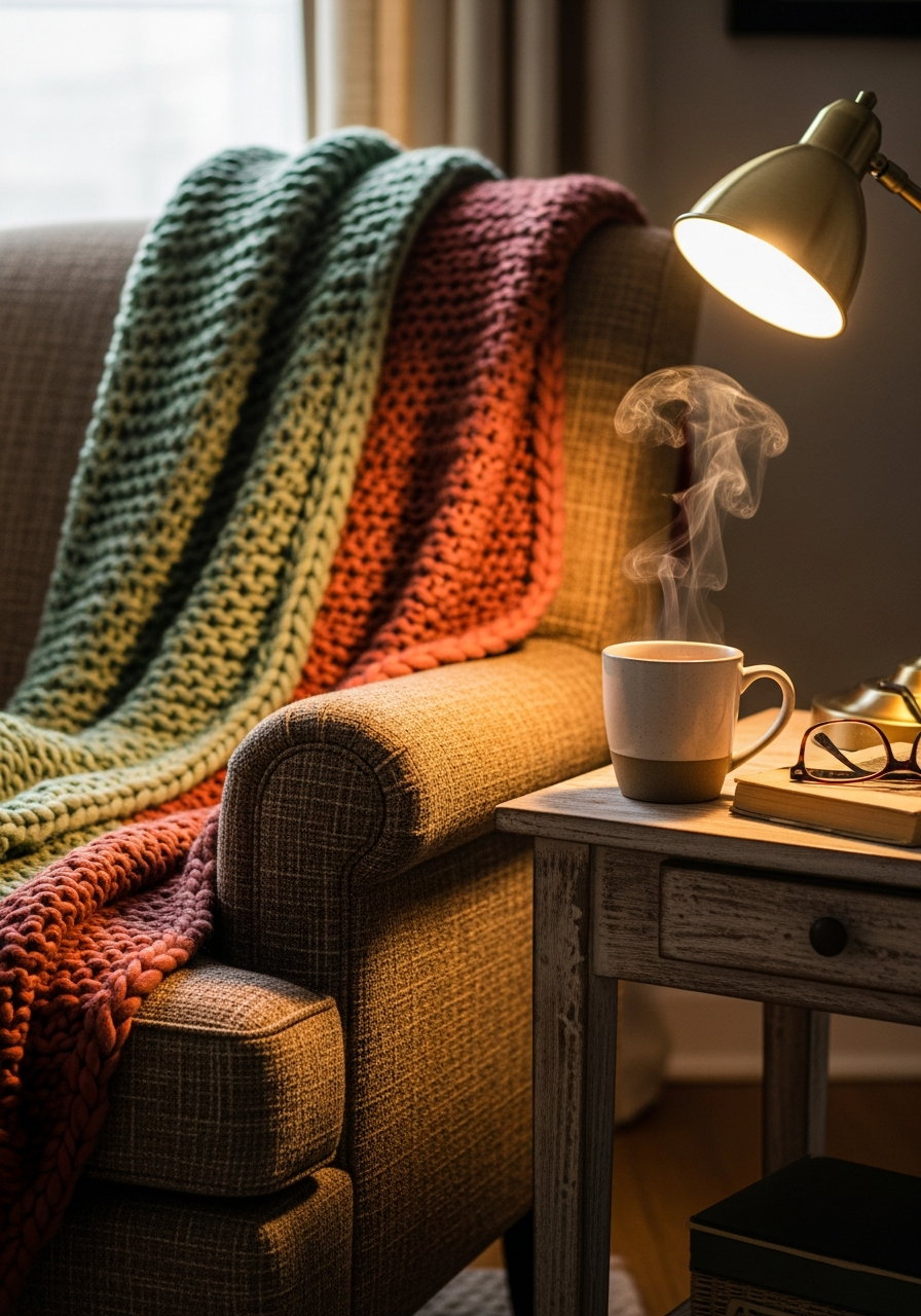 A quiet reading nook with warm light