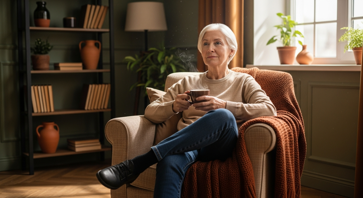 A person in a comfortable living room, relaxed and at ease
